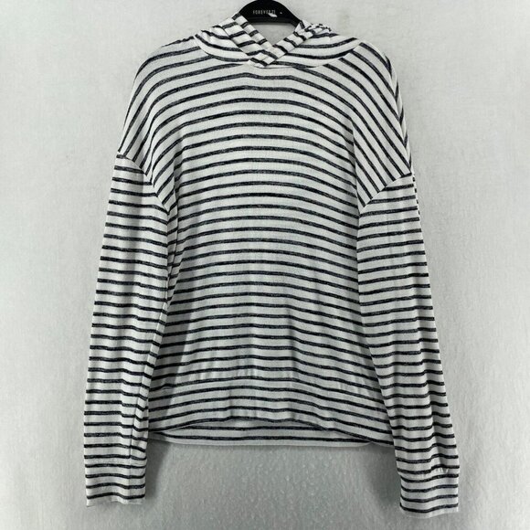 A New Day Sweater Womens Sz L White Striped Hooded Drop Shoulder Sleeve Pullover - Picture 1 of 12